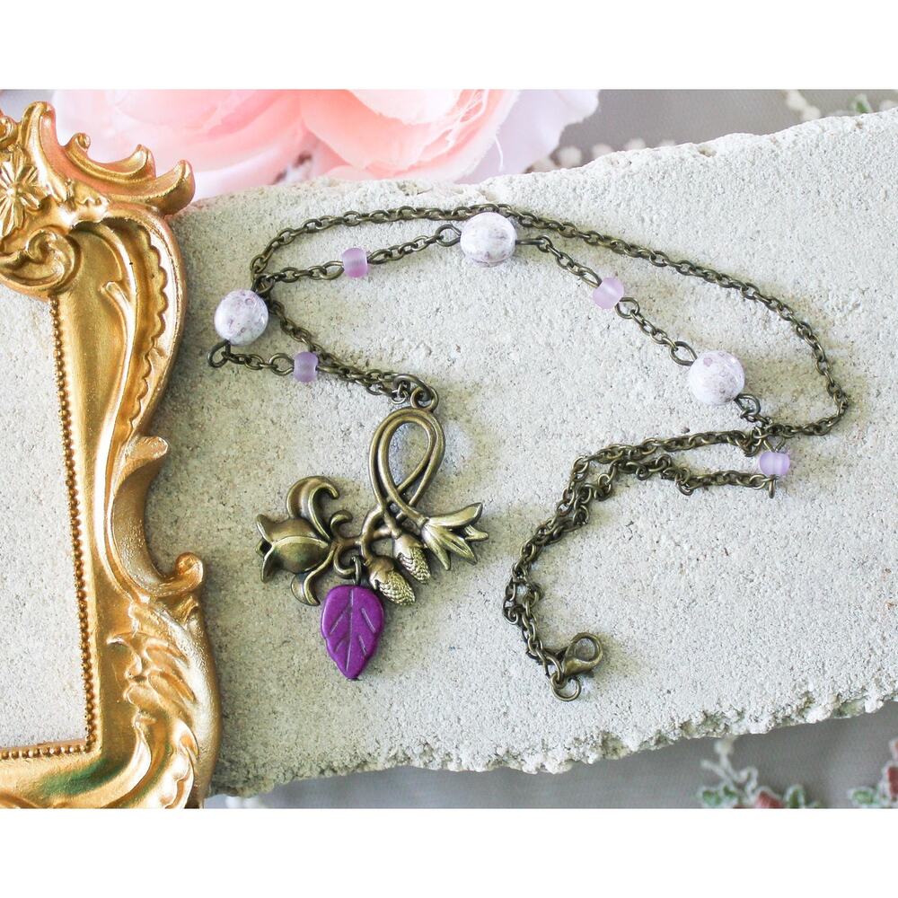 Handmade Bronze Flower Pendant Necklace Purple Turquoise Leaf Gold Enamel Beaded